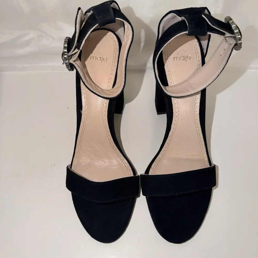 Maje Faria Black Suede Block Heel Sandals 40 US 9 Crystal Buckle Portugal JB2